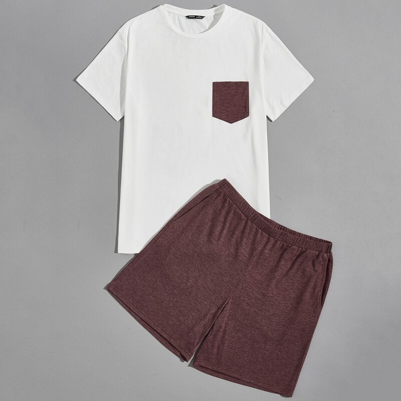 

Guys Contrast Patch Pocket Tee & Shorts PJ Set, Multicolor
