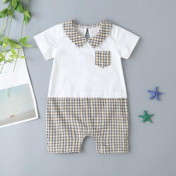 

Baby Boy Plaid Panel Pocket Front Romper, Multicolor