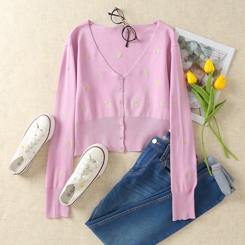 

Floral Embroidered Button Through Cardigan, Baby pink