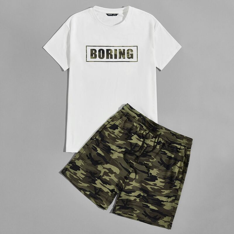 

Guys Letter Graphic Top & Camo Track Shorts Set, Multicolor