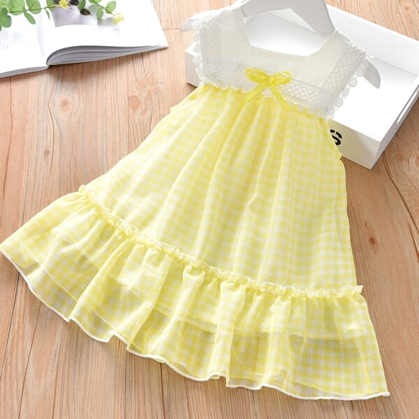 

Toddler Girls Lace Trim Contrast Gingham Dress, Yellow pastel