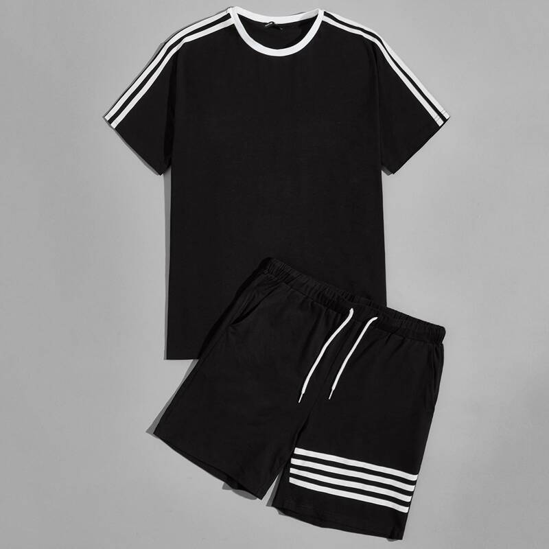 

Guys Contrast Tape Tee & Track Shorts Set, Black