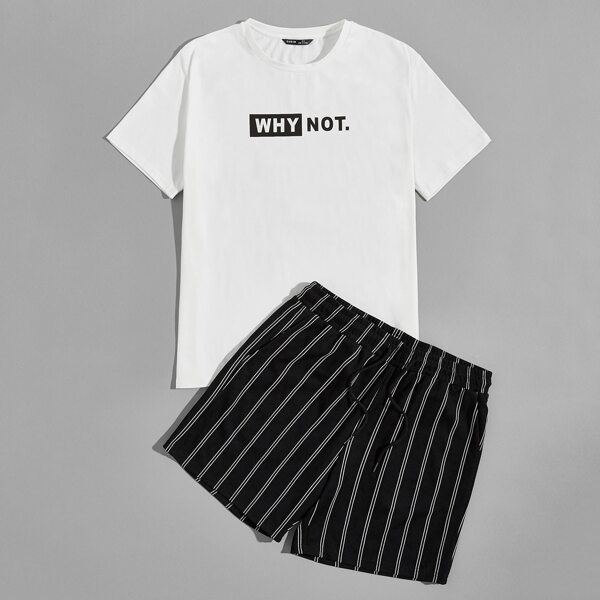 

Men Slogan Graphic Tee & Striped Shorts Set, Black and white