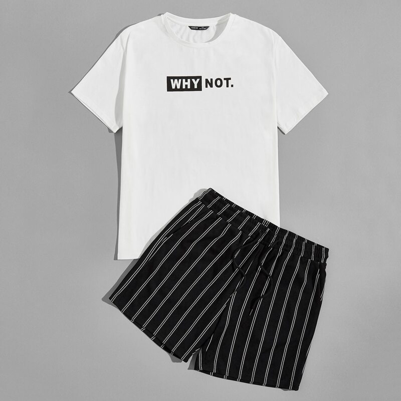 

Guys Slogan Graphic Tee & Striped Shorts Set, Black and white