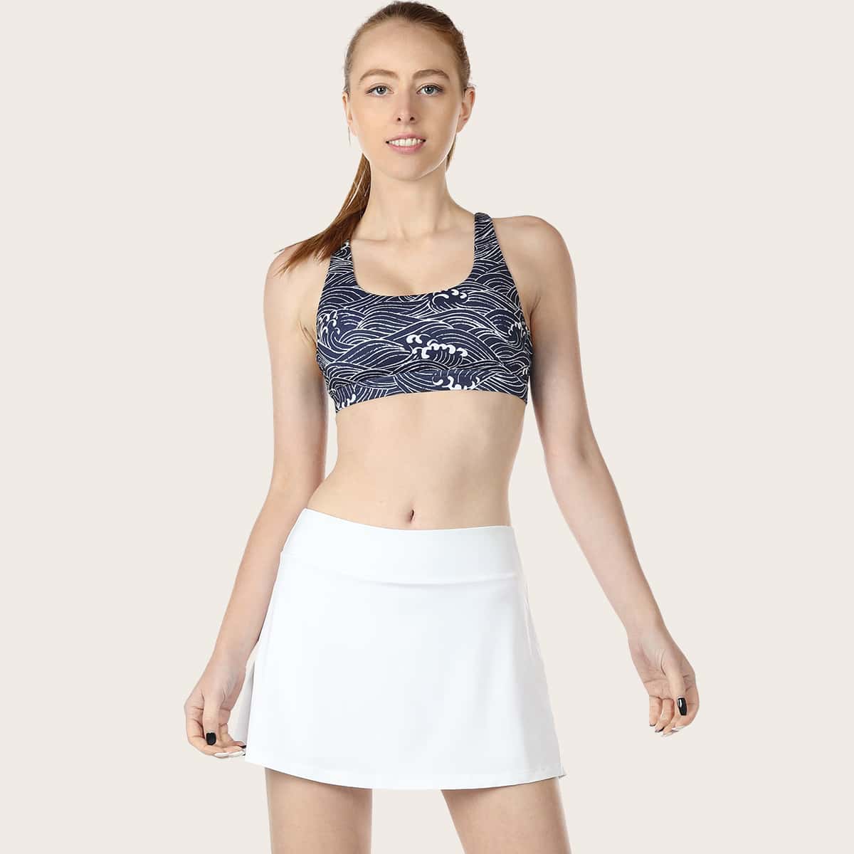 

Icyzone Criss Cross Back Wave Print Sports Bra, Blue