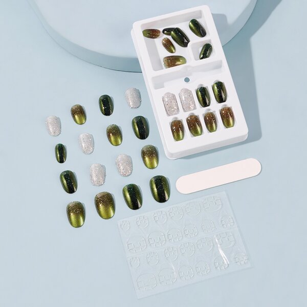 

30pcs Glitter Fake Nails, Green