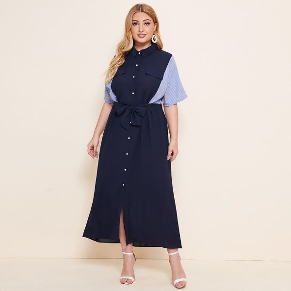 

Plus Contrast Striped Sleeve Button Front Shirt Dress, Navy blue