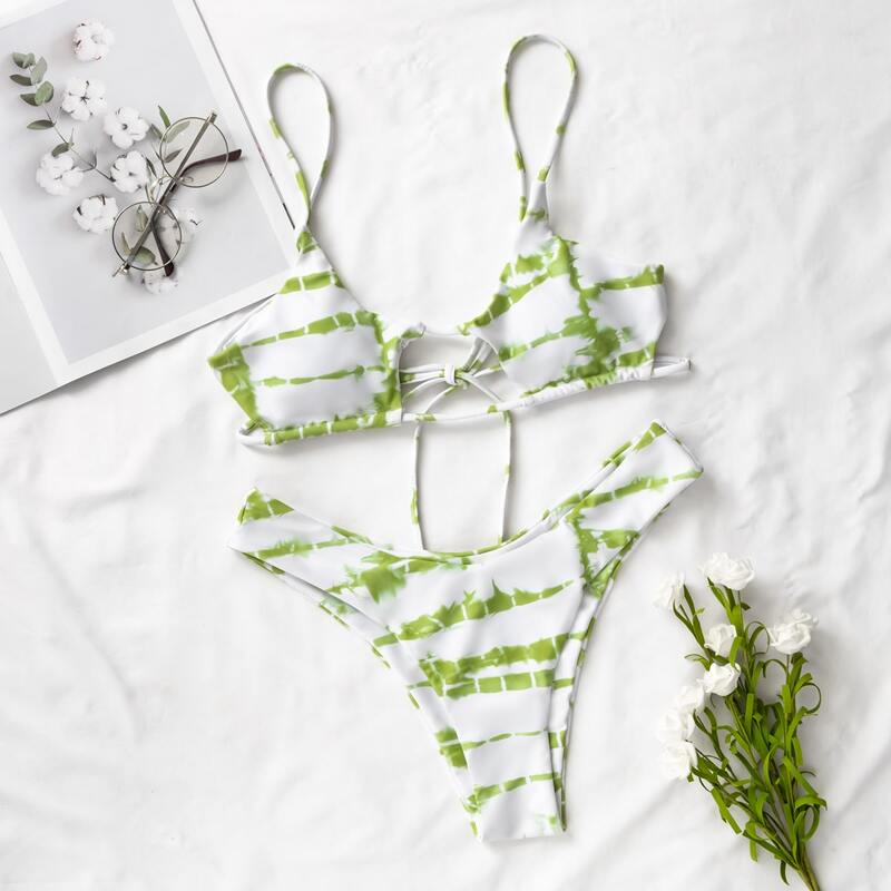 

Tie Dye Cut-out High Cut Bikini Swimsuit, Lime green