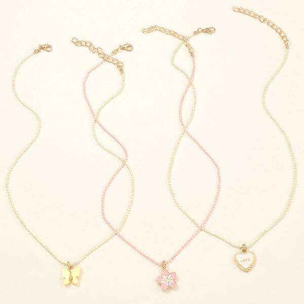 

3pcs Girls Floral Charm Necklace, Multicolor