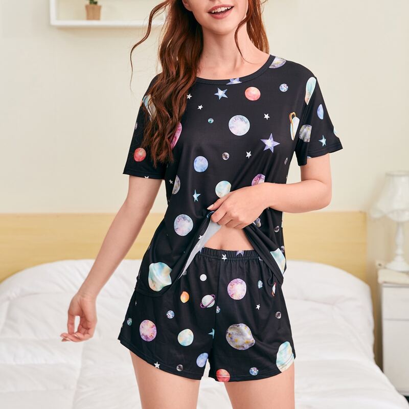 

Planet & Star Print PJ Set, Black