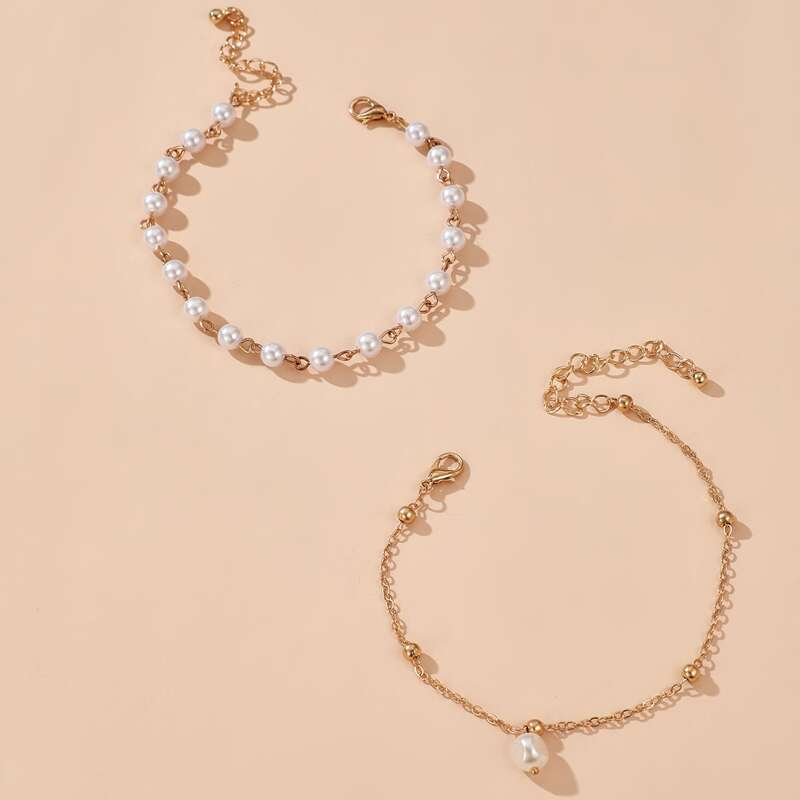 

2pcs Faux Pearl Anklet, Gold