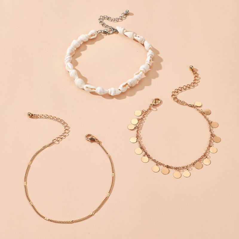 

3pcs Shell Beaded Anklet, Gold