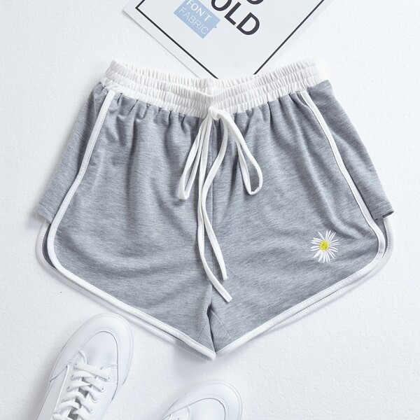 

Floral Embroidery Knot Front Dolphin Shorts, Light grey