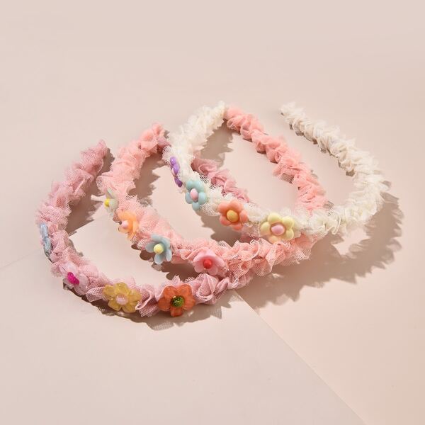 

3pcs Girls Flower Decor Mesh Hair Hoop, Multicolor