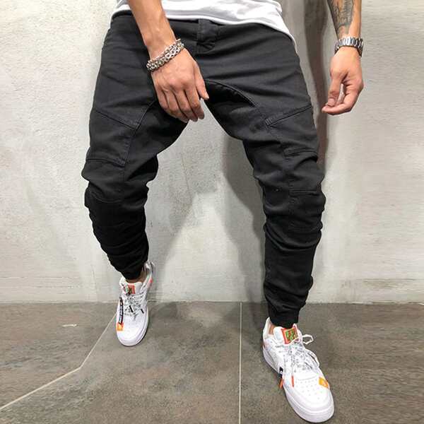 

Men Drawstring Waist Zip Detail Sweatpants, Black