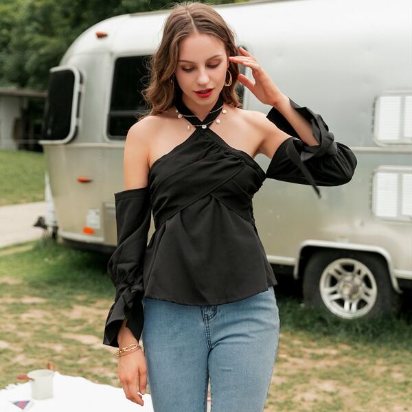 

Halterneck Cold Shoulder Knot Cuff Peplum Top, Black
