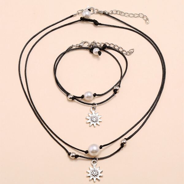 

4pcs Faux Pearl Decor Jewelry Set, Black