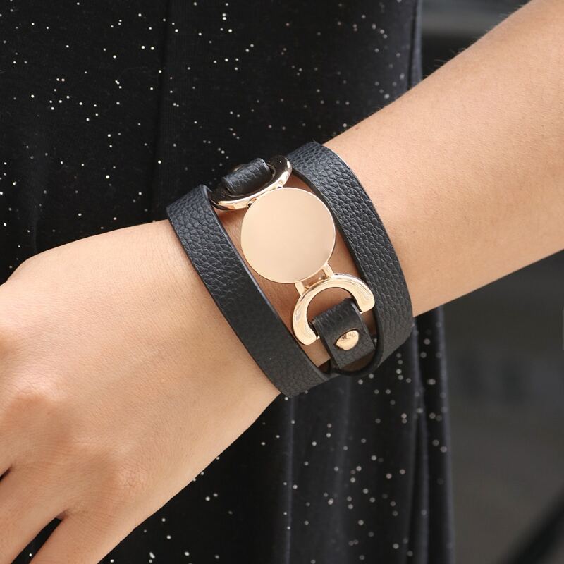 Disc Decor PU Leather Bracelet, Black
