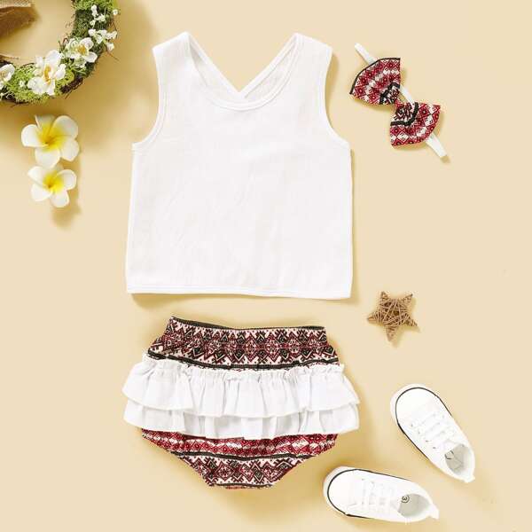 

Baby Girl Tank Top & Tribal Layered Ruffle Shorts & Headband, Multicolor