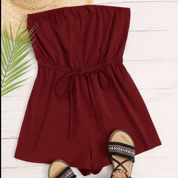

Tied Waist Tube Romper, Burgundy