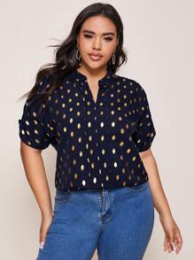 SHEIN Clasi Plus Gilding Print Ruched Sleeve Blouse - Navy Blue - View 1