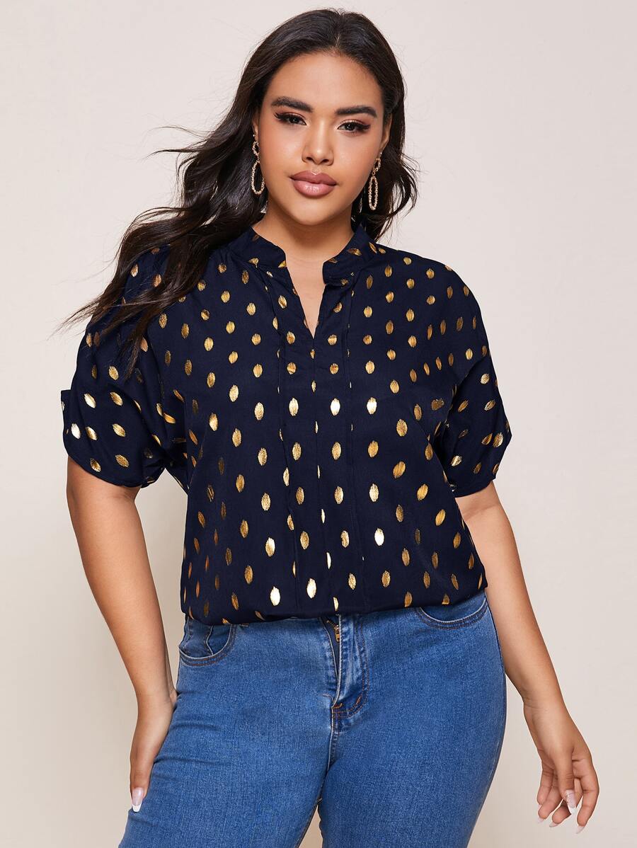 SHEIN Clasi Plus Gilding Print Ruched Sleeve Blouse - Navy Blue - View 1