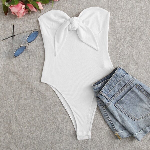

Ribbed Knotted Tube High-Leg Bodysuit, White
