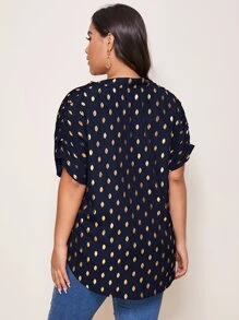 SHEIN Clasi Plus Gilding Print Ruched Sleeve Blouse - Navy Blue - View 2