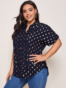 SHEIN Clasi Plus Gilding Print Ruched Sleeve Blouse - Navy Blue - View 3