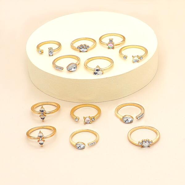 

12pcs Rhinestone Decor Ring, Gold