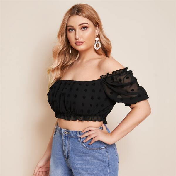 

Plus Off Shoulder Ruffle Trim Crop Top, Black