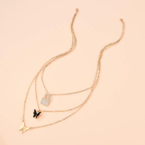 

Lock Charm Layered Necklace, Gold