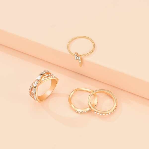 

4pcs Rhinestone Engraved Ring, Gold
