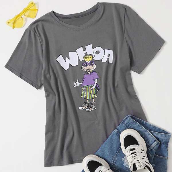 

Plus Cartoon & Letter Graphic Tee, Grey