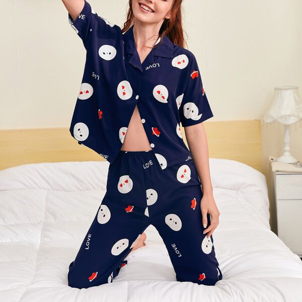 

Cartoon & Letter Graphic PJ Set, Navy blue