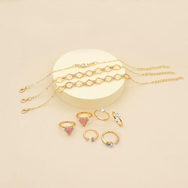 

9pcs Rhinestone Engraved Jewelry Set, Gold