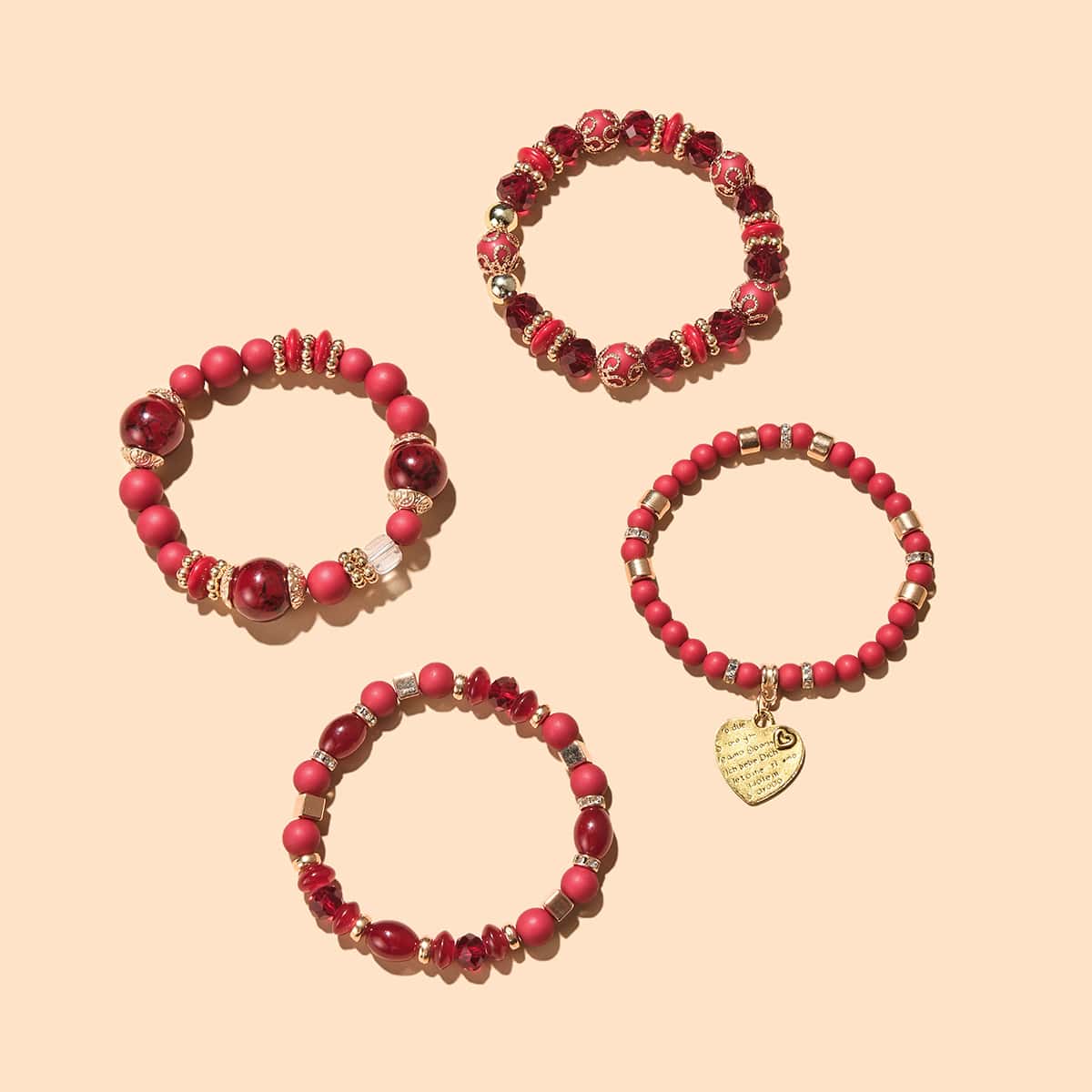 

4pcs Heart Charm Beaded Bracelet, Red