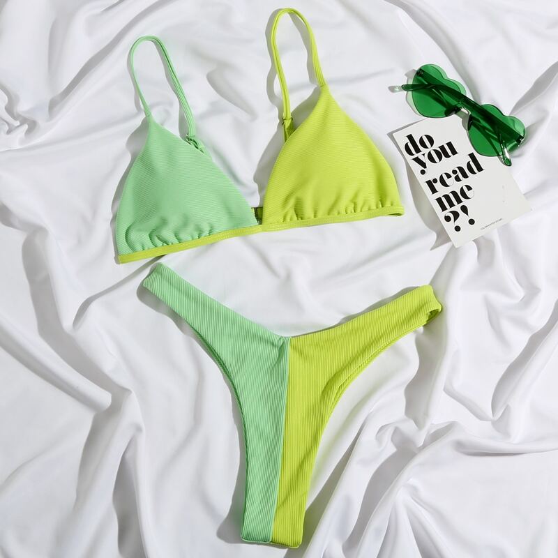 

Two Tone Rib Triangle Bikini Swimsuit, Multicolor