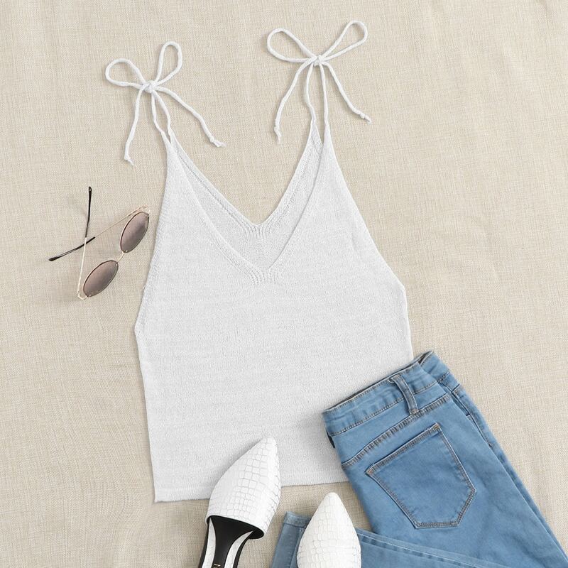 

Tie Shoulder Crop Knit Top, White