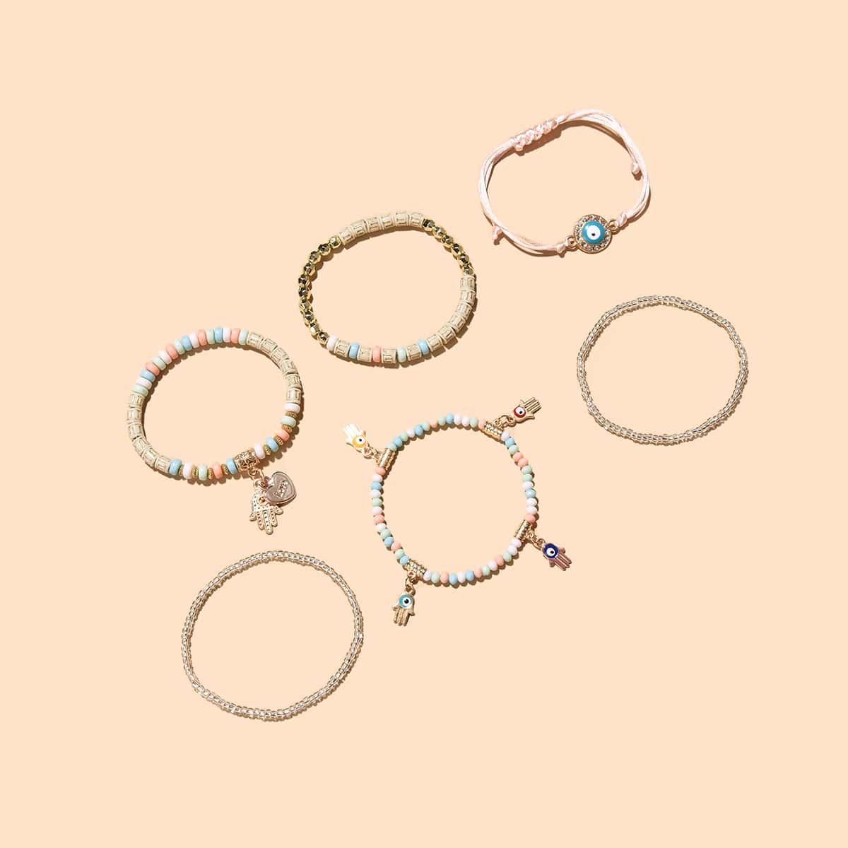 

6pcs Heart Charm Beaded Bracelet, Multicolor