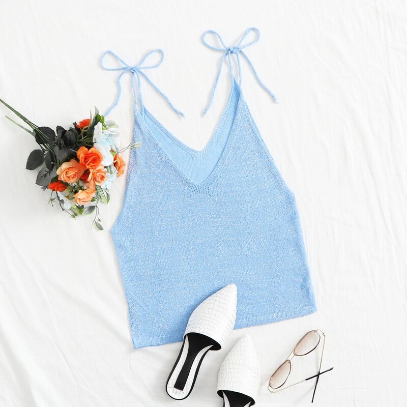 

Tie Shoulder Crop Knit Top, Baby blue