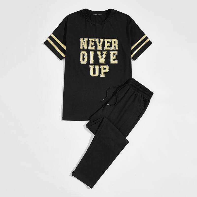 

Guys Slogan Print Striped Cuff Top & Sweatpants Set, Black