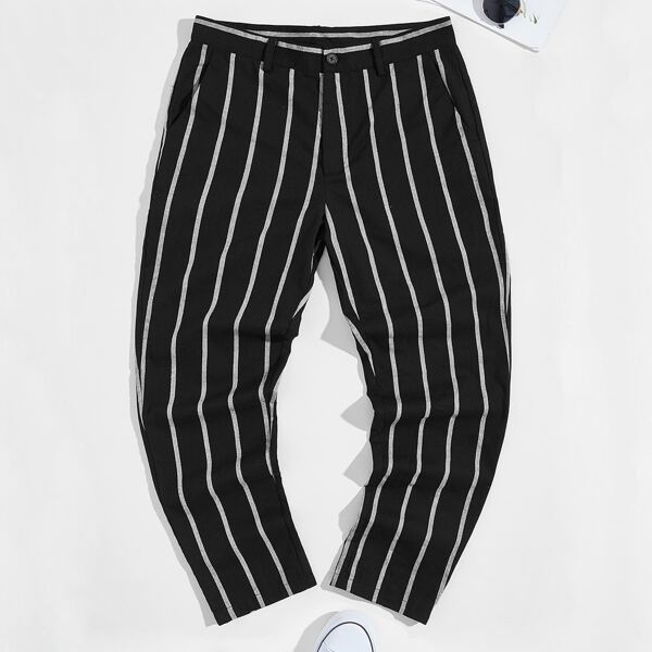 

Men Button Front Striped Pants, Black