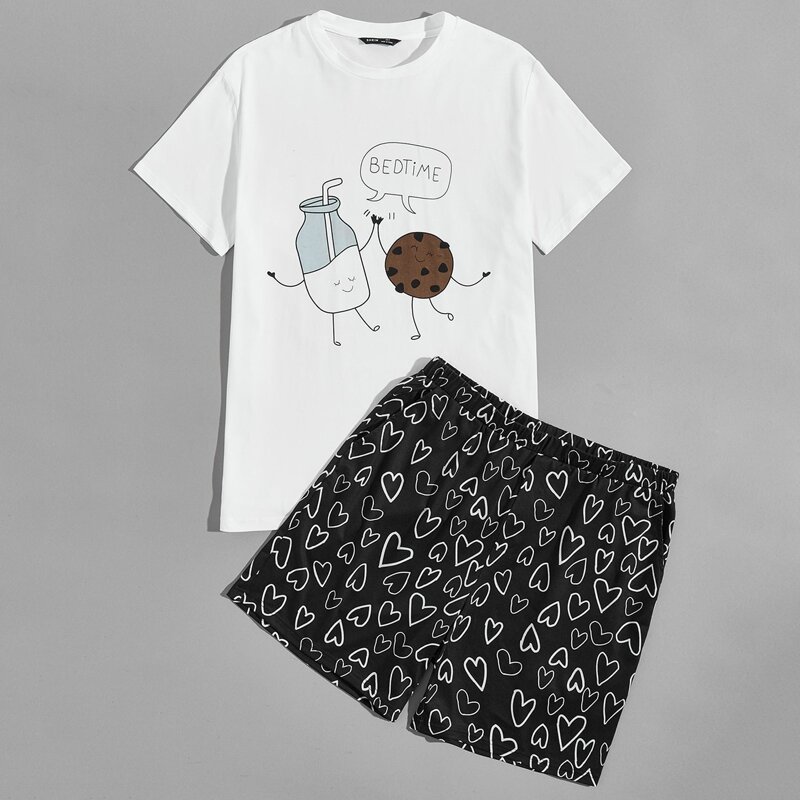 

Guys Cartoon Graphic Tee & Shorts PJ Set, Black and white