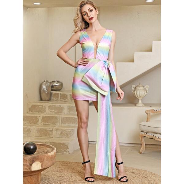 

Plunging Neck Big Bow Draped Glitter Bodycon Dress, Multicolor