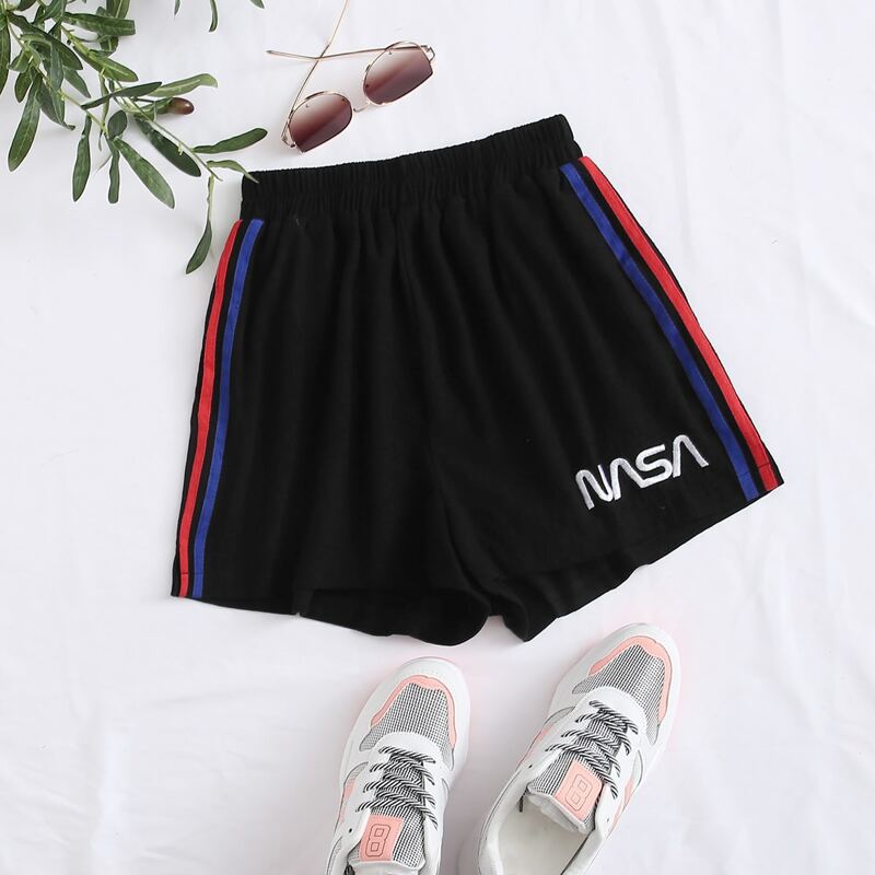 

Letter Embroidery Stripe Tape Shorts, Black