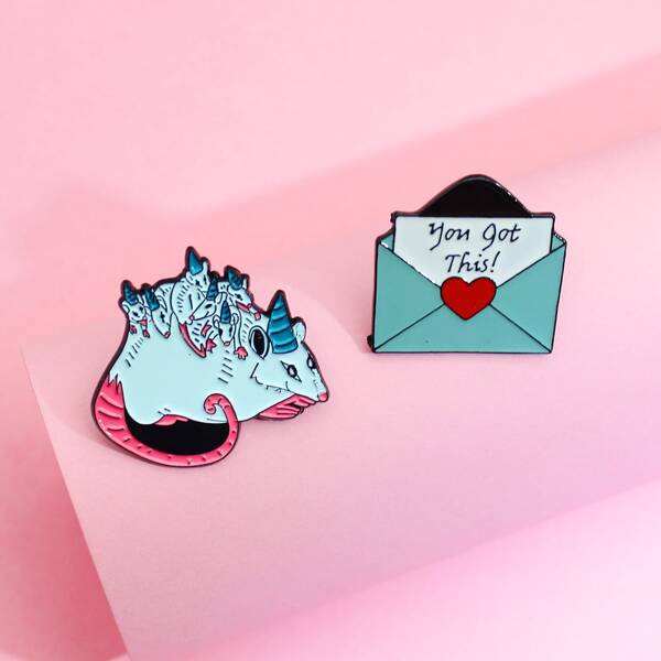 

2pcs Slogan Graphic Brooch, Multicolor