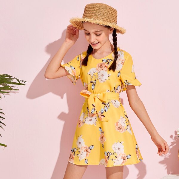 

Girls Floral Print Flounce Sleeve Belted Dress, Yellow