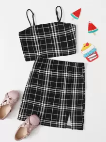 SHEIN Girls Plaid Cami Top & Split Hem Skirt Set - Black - View 1