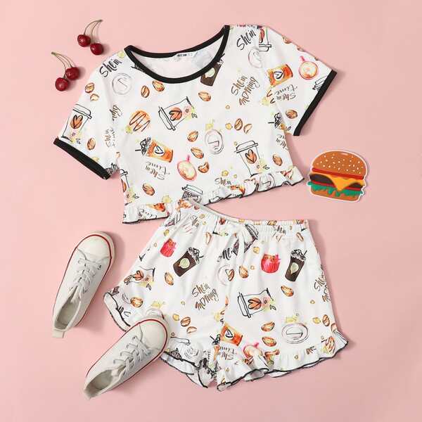 

Girls Ruffle Hem Ringer Tee & Shorts Set, White